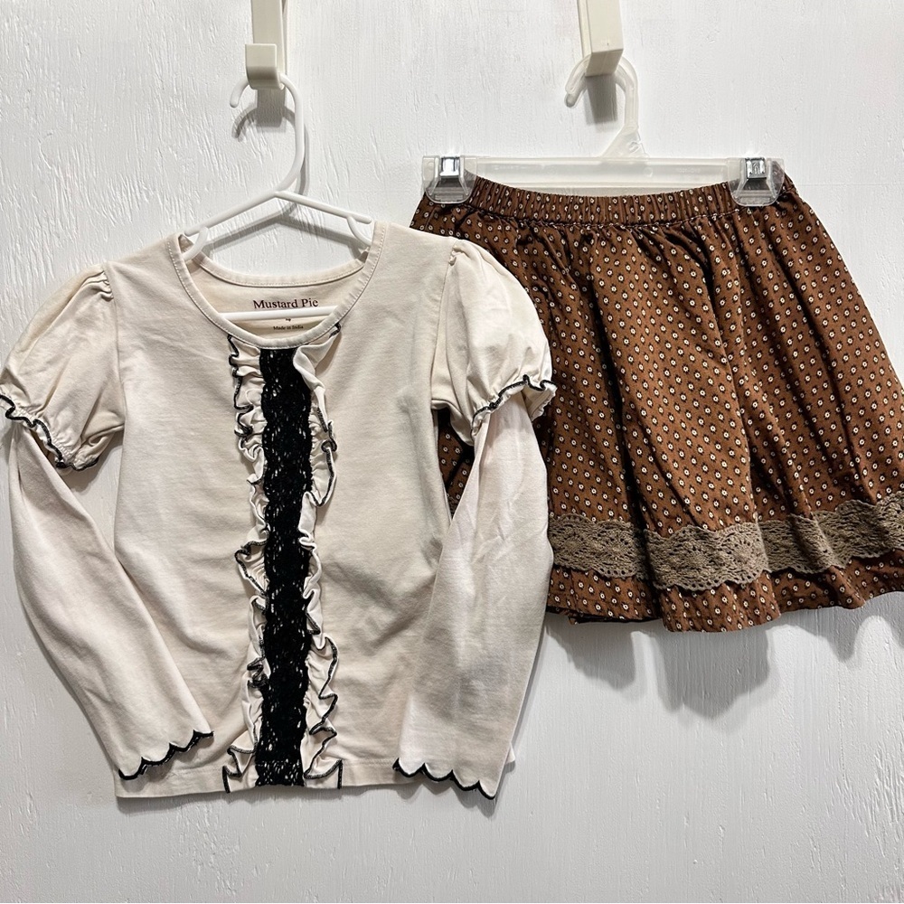 MUSTARD PIE • Girls 4  • Ruffle Victorian Boho Top • Brown Ruffle Swing Skirt